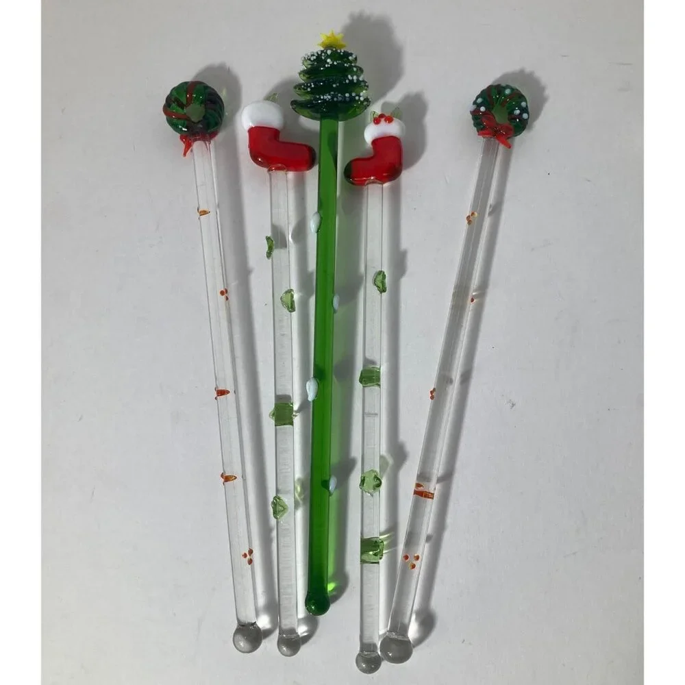 5 Christmas Glass Swizzle Sticks Drink‎ Stirrers appx 8